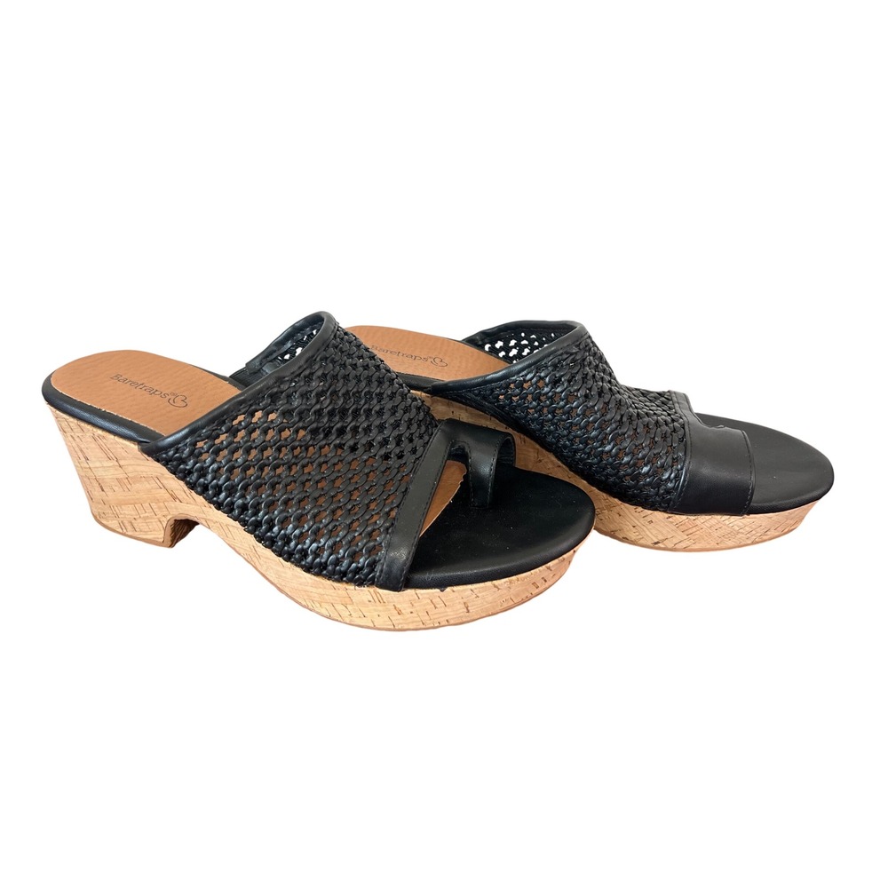 Baretraps Womens Black Woven Cork Wedge Sandals Toe Loop Mules Size 10M